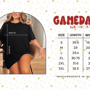 May include: Black t-shirt with the text "GAMEDAY" in red. The image includes a size chart with measurements in inches, ranging from S to 3XL. The shirt's length varies from 26.6 to 32.5 inches, and the width from 18.25 to 27.75 inches.