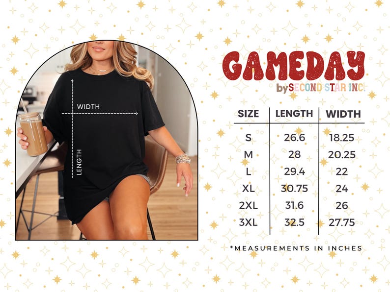 May include: Black t-shirt with the text "GAMEDAY" in red. The image includes a size chart with measurements in inches, ranging from S to 3XL. The shirt's length varies from 26.6 to 32.5 inches, and the width from 18.25 to 27.75 inches.