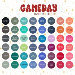 May include: A color chart with a variety of hues, including white, black, and shades of blue, green, and red. The word "GAMEDAY" is at the top in a retro font, with "by SECOND STAR INC." below. Each color is in a circle.