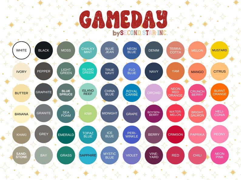 May include: A color chart with a variety of hues, including white, black, and shades of blue, green, and red. The word "GAMEDAY" is at the top in a retro font, with "by SECOND STAR INC." below. Each color is in a circle.