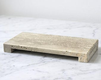 Beige Travertine Riser Tray with Footed Legs - 12x6" Fluted Stone Tray, Gift for Her