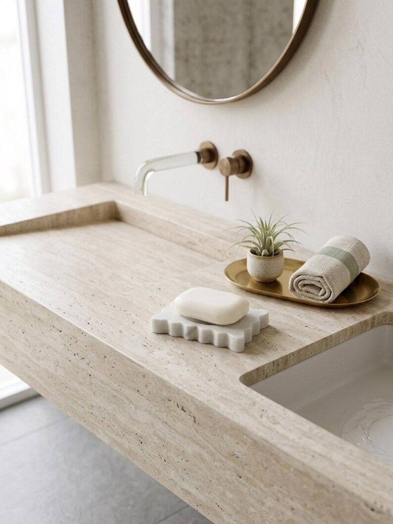 May include: A beige travertine stone bathroom sink featuring a wall-mounted faucet with a clear spout and brass handle. A white bar of soap rests on a scalloped white tray, while a small potted succulent and a rolled beige towel sit on a gold tray.