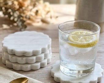 Scalloped Marble Coasters Set of 4 - Calacatta White Handmade Natural Stone Drink Coasters