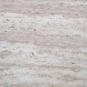 May include: A slab of natural travertine stone featuring a horizontal banded pattern in shades of beige, cream, and light brown. The surface displays a porous, textured appearance with small pits and irregular mineral veins running across the face.