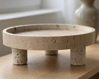 Beige Travertine Marble Pedestal Tray, Organic Modern Centerpiece, Natural Stone Handcrafted Fruit Bowl