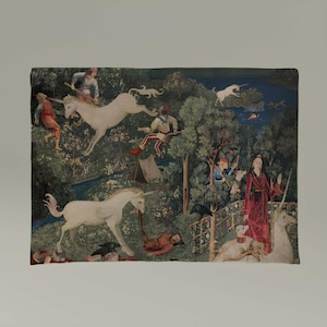 Medieval unicorn art woven tapestry, exquisite fantasy wall decor for bedroom or office, ideal gift for mystical enthusiasts
