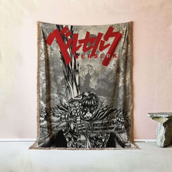 Epic Swordsman Wall Art Blanket | Medieval Anime Decor | Woven Throw for Gritty Manga & Dark Fantasy Enthusiasts