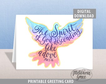 The Spirit Of God Descending Like A Dove, Modern Printable Confirmation or Baptism Card, Bible Verse Holy Spirit Card, digital download pdf