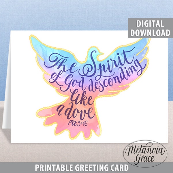 The Spirit Of God Descending Like A Dove, Modern Printable Confirmation or Baptism Card, Bible Verse Holy Spirit Card, digital download pdf