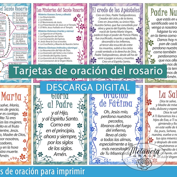 Spanish Rosary Printable Prayer Cards, How to pray the Rosary, Tarjetas de Oración del Rosario, Mysteries of the Rosary, Digital Download