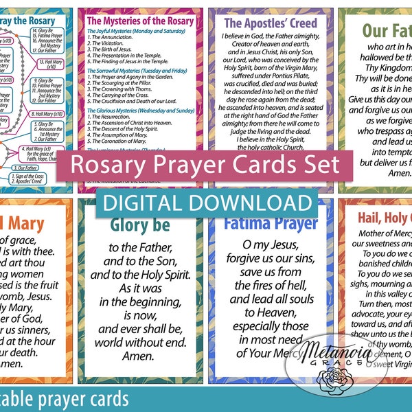 How to pray the Rosary, Mysteries of the Rosary, Printable Catholic Rosary Prayer Cards Set, Rosary Diagram, Rosary Prayer, Digital Download