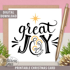 Printable Christian Christmas Card, Religious Nativity Christmas Card, Great Joy Christmas, Jesus Mary Joseph Christmas, digital download