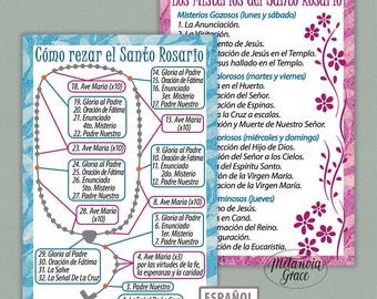 Spanish Rosary Prayer Cards, Printable Holy Rosary Guide, How to pray the Rosary, misterios del rosario, rosario guia, Digital Download pdf