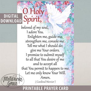 Immagine di preghiera stampabile del Cardinale Mercier, O Spirito Santo amato dalla mia anima, Dono della Cresima, Immagine di preghiera di Pentecoste, Download digitale, PDF