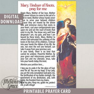 Gebed Maria die knopen maakt, afdrukbare Onze-Lieve-Vrouw die knopen maakt, Maagd Maria die knopen losmaakt, digitale download geloofskaart, afdrukbare pdf