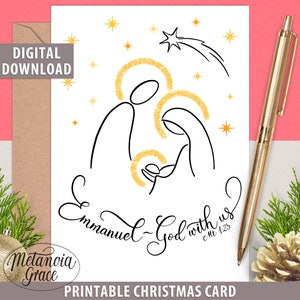Tarjeta de Navidad de Natividad imprimible, Tarjeta de Navidad religiosa, Emmanuel- Dios con nosotros, Mateo 1:23, Versículo bíblico Navidad, descarga digital