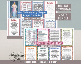 Printable Prayer Cards Bundle, Rosary Prayer Cards, Divine Mercy Chaplet Prayer Cards, Catholic Prayer Cards Bundle, Digital Download,