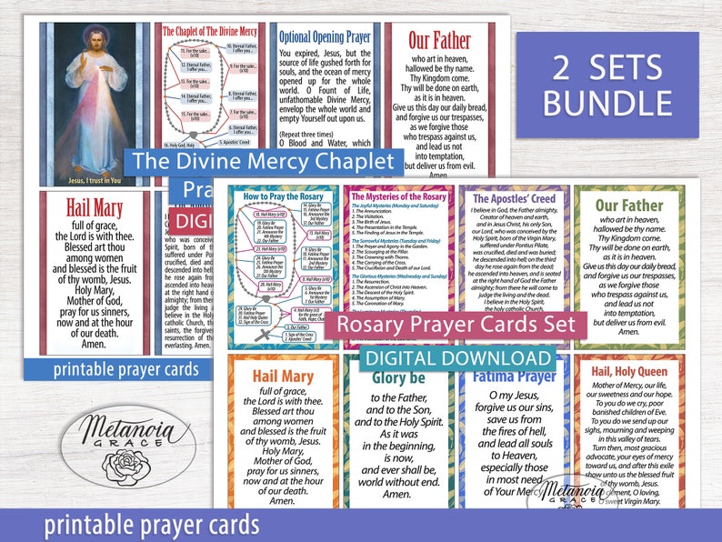Printable Prayer Cards Bundle, Rosary Prayer Cards, Divine Mercy