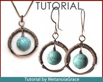 Circular Earrings PDF Tutorial, Wire Earrings Tutorial, Wire Jewelry Tutorial, Turquoise Earrings, Wirework Pendant Tutorial, Long Earrings