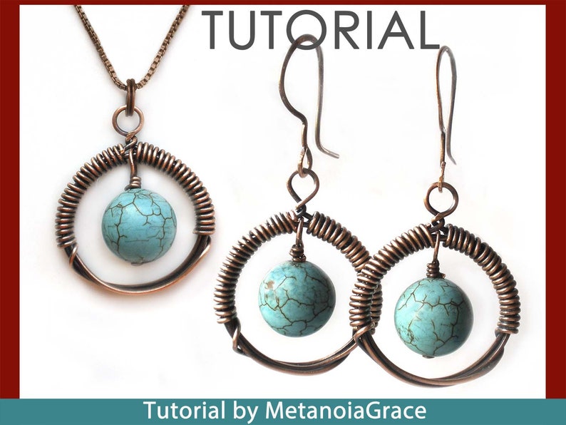 Circular Earrings PDF Tutorial, Wire Earrings Tutorial, Wire Jewelry Tutorial, Turquoise Earrings, Wirework Pendant Tutorial, Long Earrings image 1