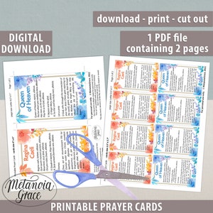 May include: Printable prayer cards featuring a watercolor design of flowers in shades of pink, blue, and yellow. The cards have the text "Queen of Heaven" and "Regina Caeli" printed on them. The cards are designed to be cut out and used for prayer.