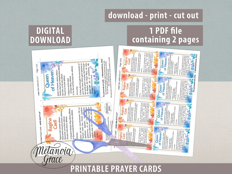 May include: Printable prayer cards featuring a watercolor design of flowers in shades of pink, blue, and yellow. The cards have the text "Queen of Heaven" and "Regina Caeli" printed on them. The cards are designed to be cut out and used for prayer.