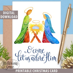 Afdrukbare kerstkaart van de kerststal, religieuze kerstkaart, O kom, laten we hem aanbidden, christelijke kerstkaart, digitale download