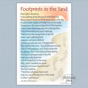 May include: A framed print with the title "Footprints in the Sand" in a decorative font. The print features a poem about faith and perseverance, with a beach scene illustration and the author's name.