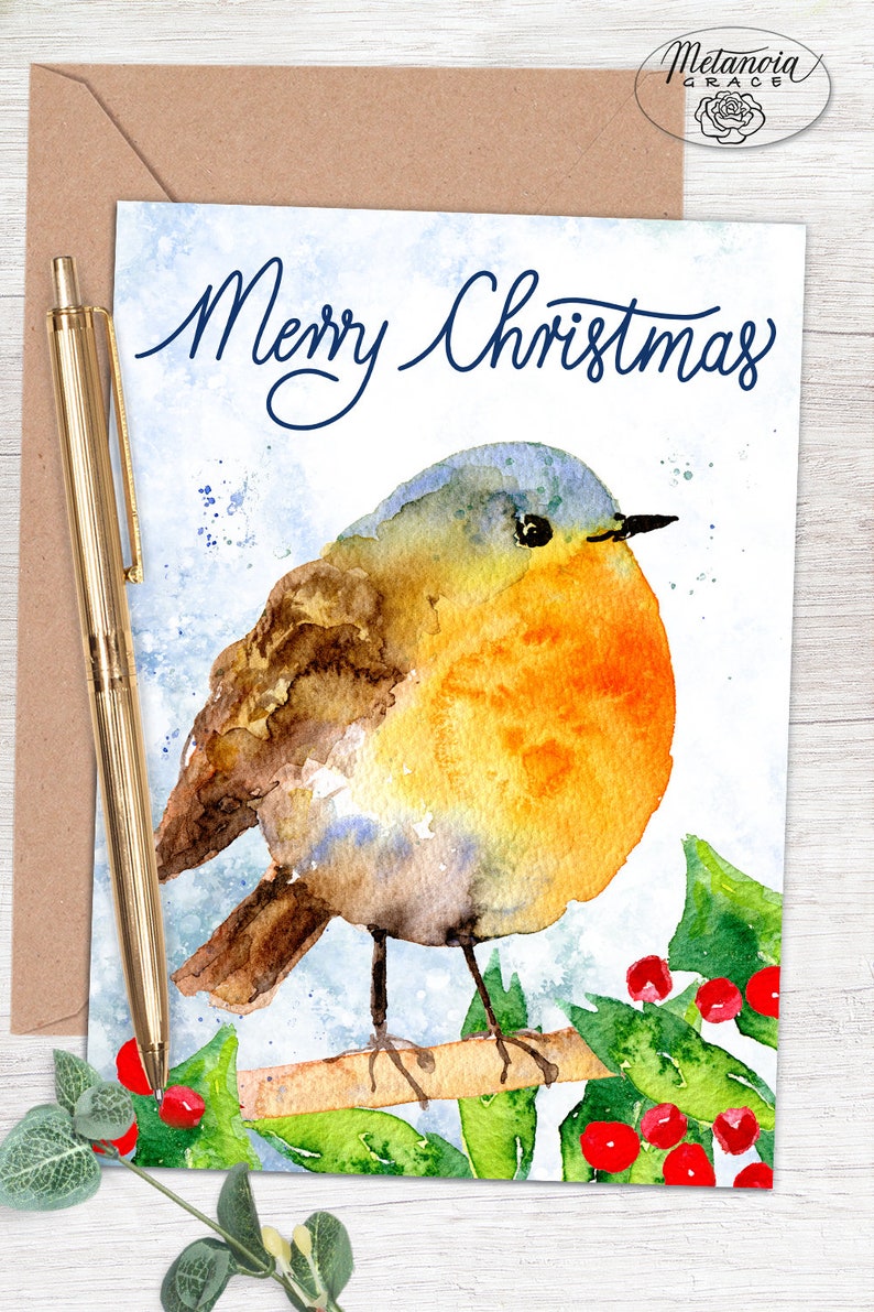 Red Robin Card, Printable Merry Christmas Card, Christmas Robin Card ...