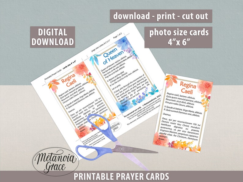 May include: Printable prayer cards featuring a watercolor floral design with the text "Regina Caeli" in a gold font. The cards are 4 inches by 6 inches and are perfect for personal use or to share with others.