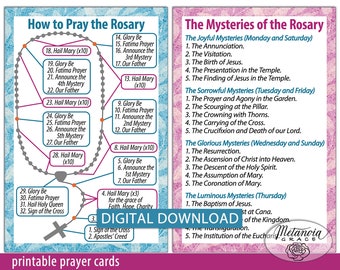 Printable Rosary Prayer Cards, Holy Rosary Diagram, Catholic Rosary, How to pray the Rosary, Mysteries of the Rosary, Digital Download pdf