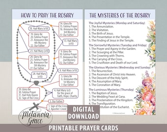 Printable Rosary Prayer Cards, Holy Rosary Diagram, Our Lady Rosary Guide, How to pray the Rosary, Mysteries of the Rosary, Digital Download
