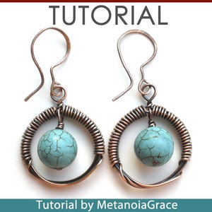 Circular Earrings PDF Tutorial, Wire Earrings Tutorial, Wire Jewelry Tutorial, Turquoise Earrings, Wirework Pendant Tutorial, Long Earrings image 2