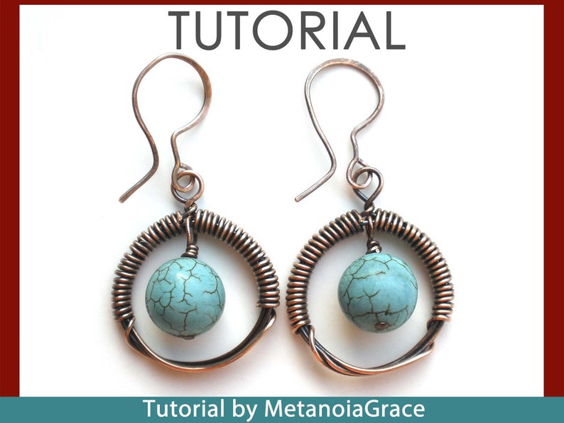 Circular Earrings PDF Tutorial, Wire Earrings Tutorial, Wire Jewelry Tutorial, Turquoise Earrings, Wirework Pendant Tutorial, Long Earrings image 2