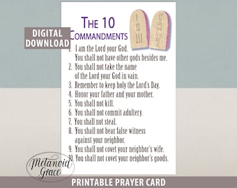 The Ten Commandments Prayer Card, Printable Card 10 Commandments, The Decalogue, Christian Card, Digital Download pdf file