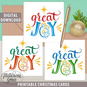 Tarjetas de Navidad cristianas imprimibles conjunto de 3, Tarjetas de Navidad de Natividad, Navidad de gran alegría, Navidad de Jesús María José, descarga digital