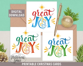 Ensemble de 3 cartes de Noël chrétiennes imprimables, cartes de Noël de la Nativité, Noël de la grande joie, Noël Jésus-Marie-Joseph, téléchargement numérique