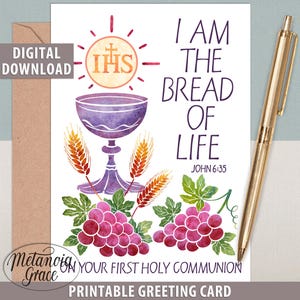 Carte imprimable première communion, Je suis le pain de vie, verset de la Bible, lors de votre première communion, première eucharistie, téléchargement numérique, Pdf