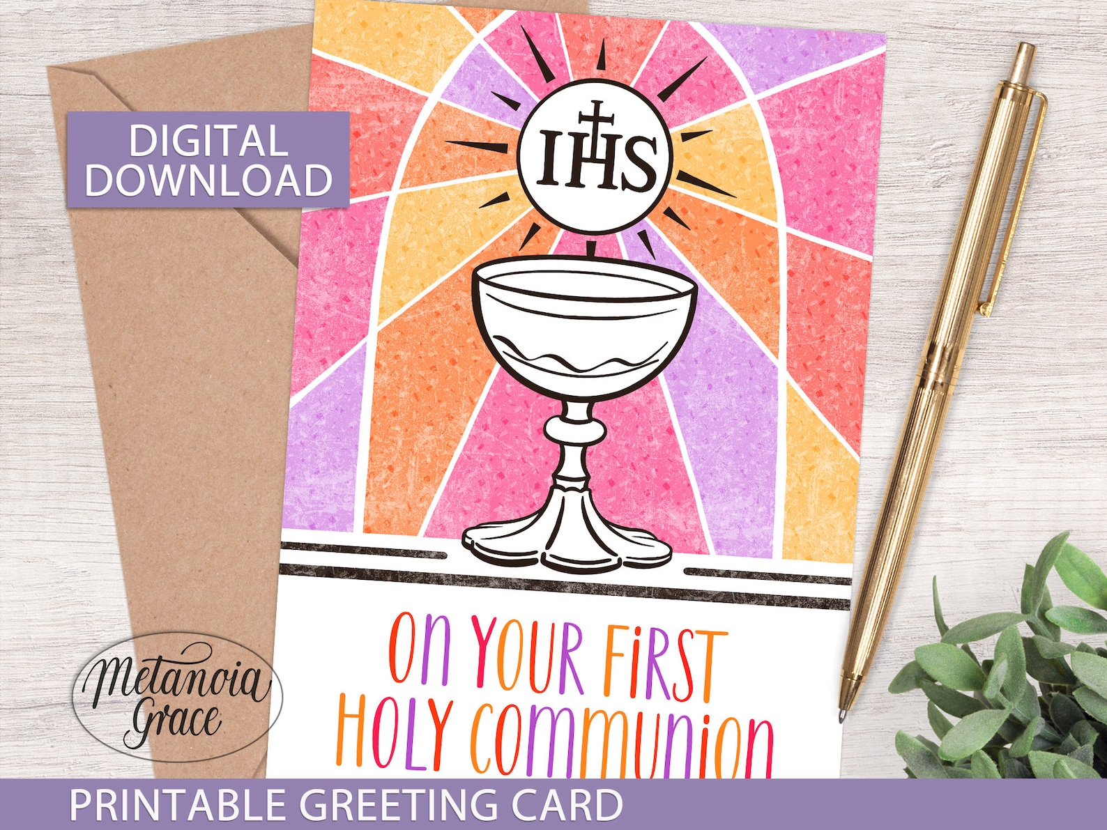 First Holy Communion Card, Printable Catholic Communion Note Card, on