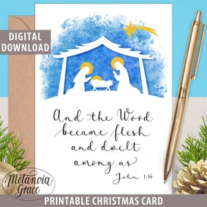 Druckbare Krippe Weihnachtskarte, religiöse Weihnachtskarte, Wort wurde Fleisch Johannes 1:14, Bibelvers Weihnachtskarte, digitaler Download