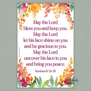 Peut inclure: Une carte rectangulaire avec un fond blanc, ornée d'une œuvre d'art florale à l'aquarelle dans des tons d'orange, de rouge et de vert. La carte affiche le texte "May the Lord bless you and keep you...Numbers 6:24-26."
