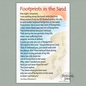 May include: A white print featuring the poem "Footprints in the Sand". The artwork depicts a beach scene with footprints and a sunset. The poem explores themes of faith and support during difficult times. The author's name is included.
