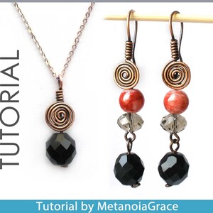 May include: A copper wire wrapped pendant necklace and matching earrings with black, red and clear beads. The pendant and earrings feature a copper wire spiral design. The text "TUTORIAL" is visible in the image. "Tutorial by MetanoiaGrace" is also visible in the image.