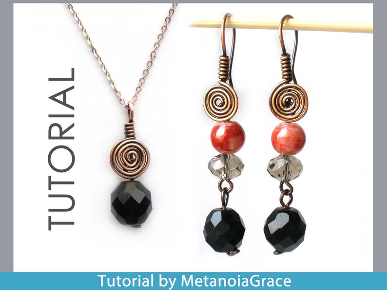 May include: A copper wire wrapped pendant necklace and matching earrings with black, red and clear beads. The pendant and earrings feature a copper wire spiral design. The text "TUTORIAL" is visible in the image. "Tutorial by MetanoiaGrace" is also visible in the image.