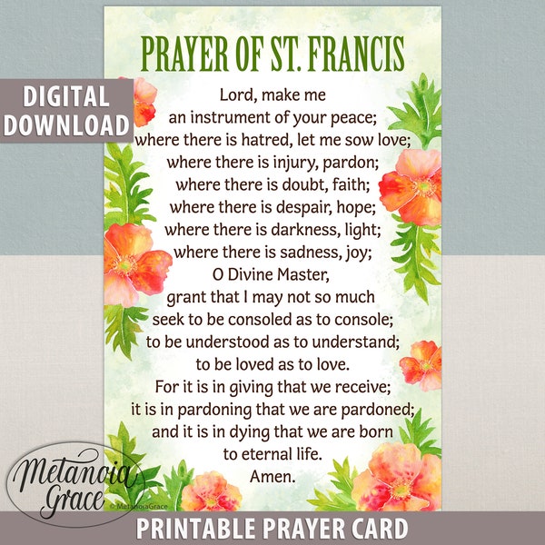 Carte imprimable prière de saint François, prière de paix de saint François, prière pour la paix, Seigneur, fais de moi un instrument, téléchargement numérique, fichier pdf