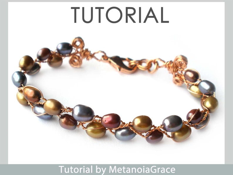 May include: A copper wire wrapped bracelet with a mix of brown, gold, and grey oval-shaped beads. The bracelet has a lobster clasp closure. Tutorial by MetanoiaGrace.