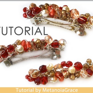May include: A tutorial for making a beaded hair clip. The clip is made with red, gold, and clear beads, and is decorated with pearls. The tutorial is by MetanoiaGrace.