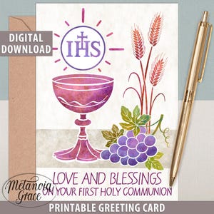 First Communion Card, Love and Blessings On Your First Holy Communion, Printable First Eucharist Card, Chalice and Host, Digital Download