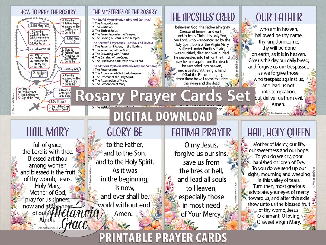 Printable Catholic Rosary Prayer Cards Set How to Pray the Rosary