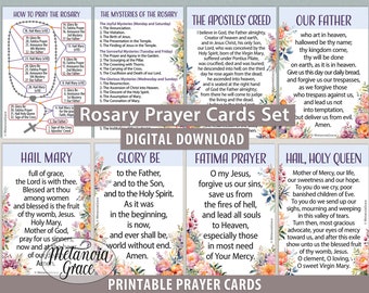 Printable Catholic Rosary Prayer Cards Set, How to pray the Rosary, Mysteries of the Rosary, Rosary Diagram, Rosary Guide, Digital Download